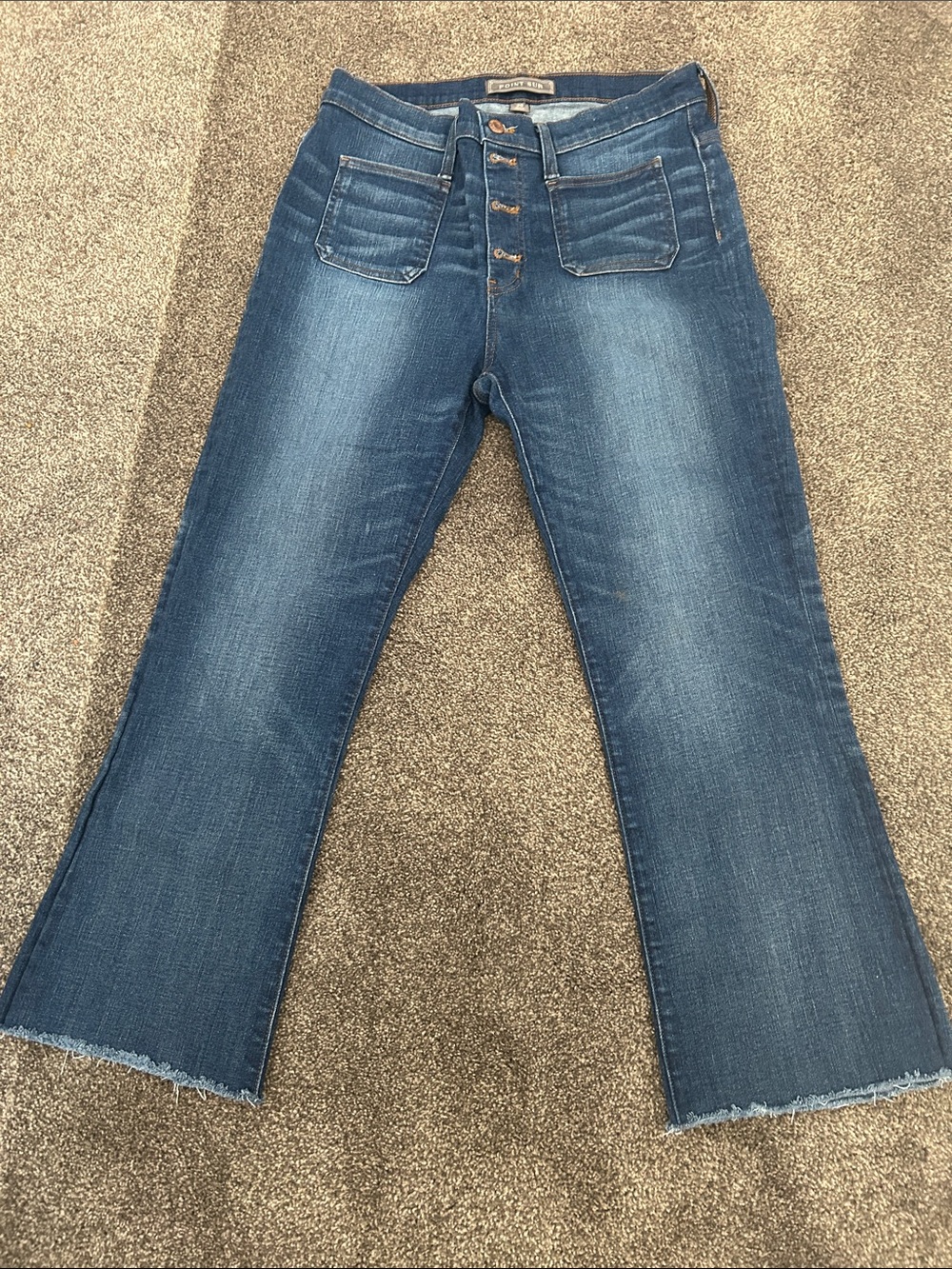 High-Rise Blue Denim Flare Jeans with Frayed Hem